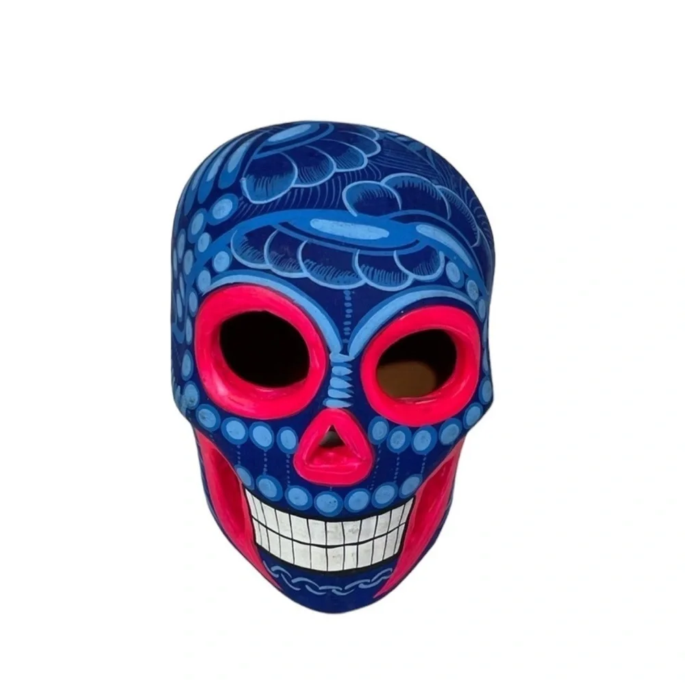 Mexican Clay Skull Hand painted Blue New